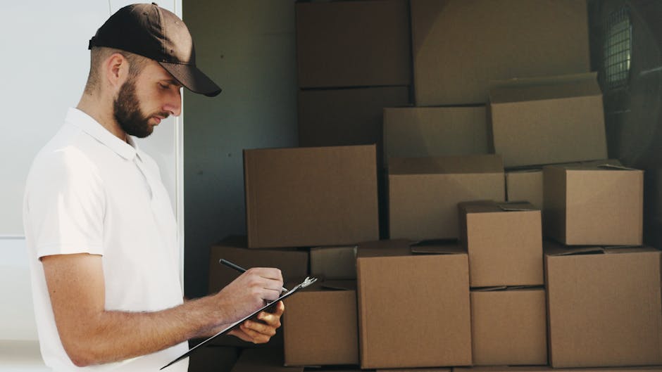 A man wearing a black cap and white polo shirt is standing indoors next to a stack of cardboard boxes, some of which are sealed and others partially open, during a home relocation. He is holding a clipboard and a pen, inspecting or taking notes on the packing process. The scene captures a loading area or storage space with natural lighting, highlighting the careful organization of boxes on a shelf or storage unit, which are prepared for transport in a house removals or moving service. The background shows a plain wall and other boxes, emphasizing the packing phase of furniture transport and moving logistics. Man and Van Hampton Hill, operating in the removals service category, is familiar with such packing and loading procedures during household moves, ensuring items are securely packed for safe transport to the new property.