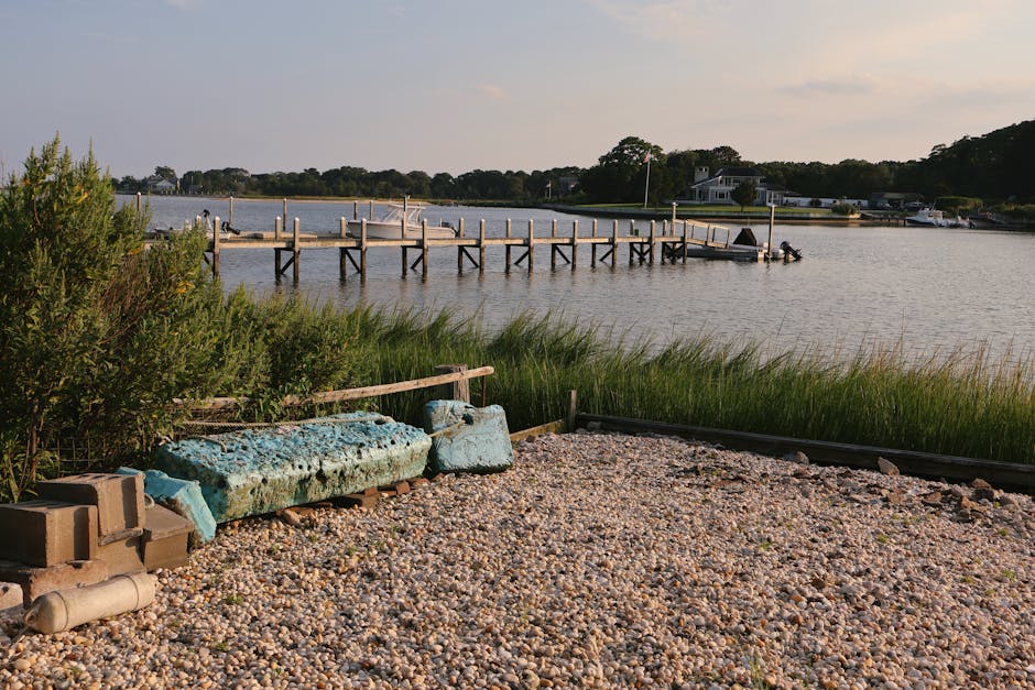 A gravel pathway leading to a waterfront with a wooden pier extending into a calm river or lake, surrounded by lush green vegetation on the left and tall grass along the shoreline. In the foreground, there are weathered concrete and foam packing materials, possibly recycled or remnants of previous moving preparations, placed next to a stack of bricks and a plastic pipe. The scene is illuminated by natural daylight, suggesting a clear, sunny day. In the background, residential houses and boats are visible on the opposite bank, with a serene, suburban environment. Although this image does not directly depict furniture or packing for house removals, it captures an outdoor setting that could relate to the logistical aspects of home relocation or the staging area for loading and transport, relevant to the services offered by Man and Van Hampton Hill in their urgent same-day removals in Hampton Hill.